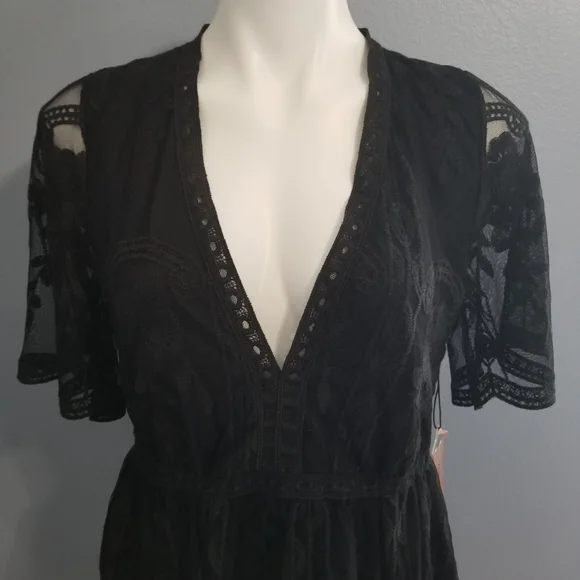 Haute Monde Black Floral Lace Boho Mini Dress Plunge Neckline Women's Large NWT. - Picture 2 of 13